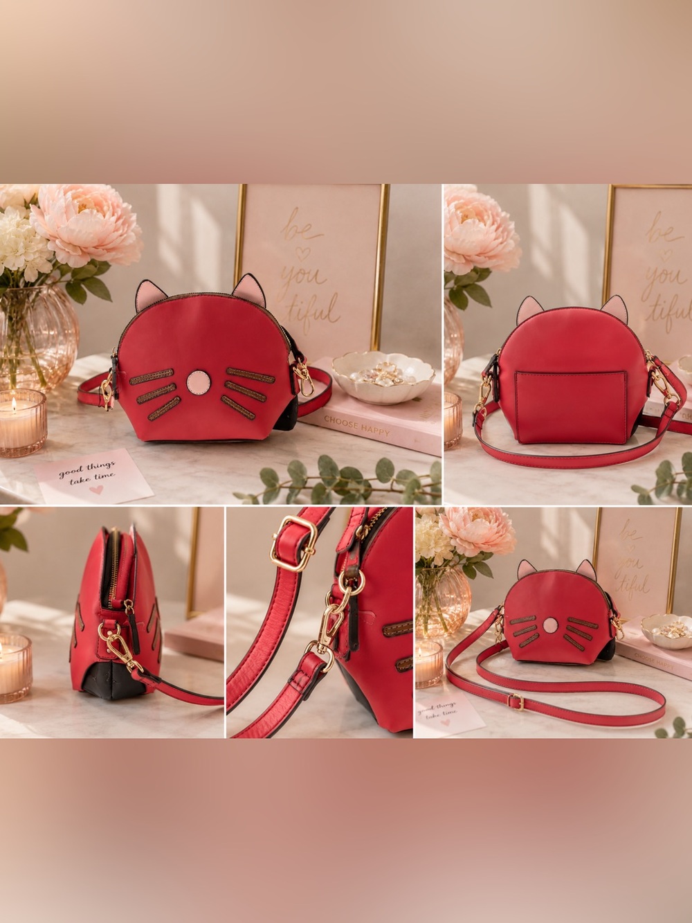 NWT B Brentano Playful Red Cat-Ear Crossbody Bag with Pink Accents - Picture 3 of 4
